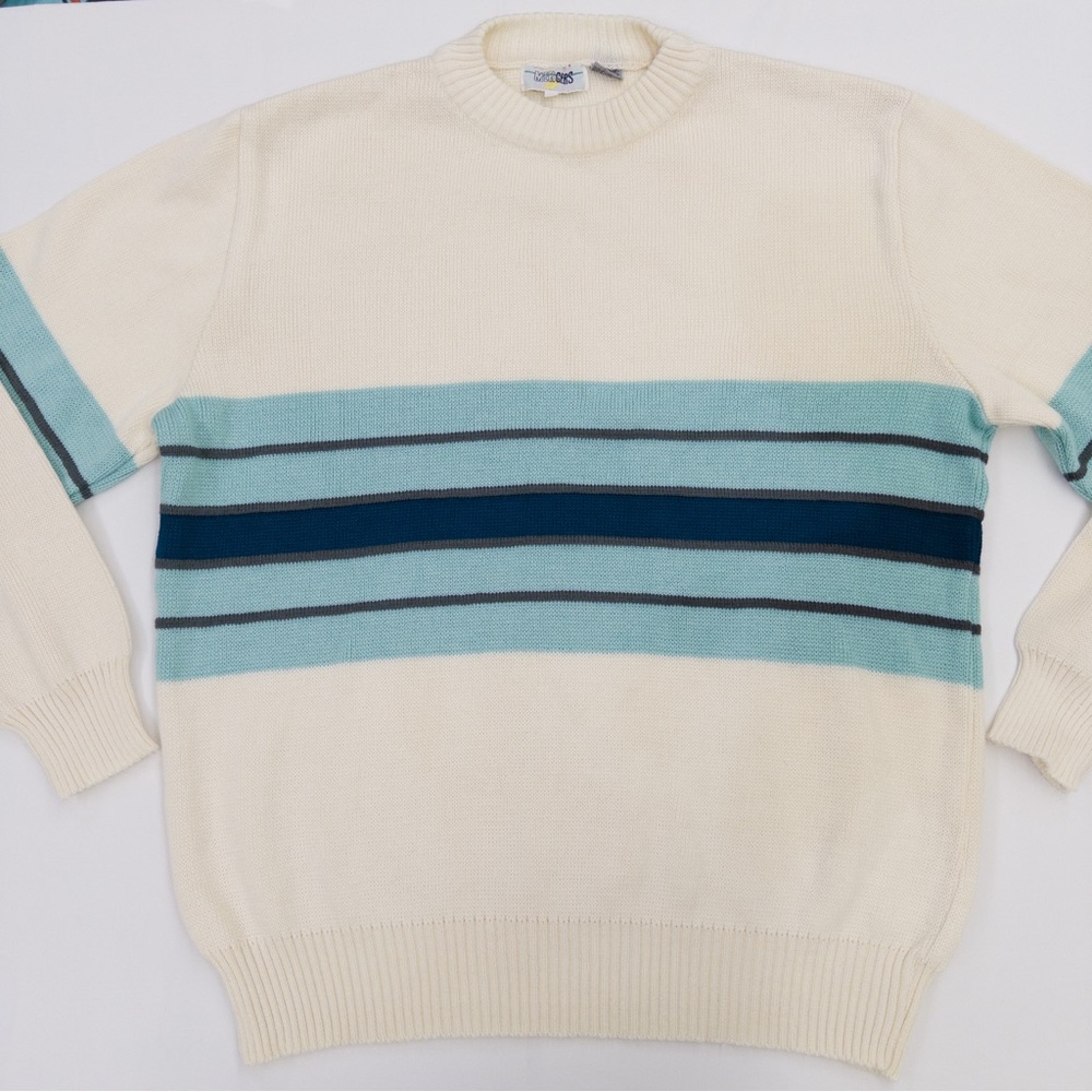 Vintage Mergers Cream Blue Stripe Knit Sweater XL Retro Cozy Oversized EUC